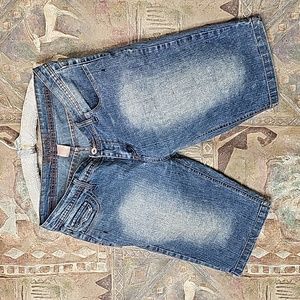 deb jean shorts embellished back pockets long inseam stretch